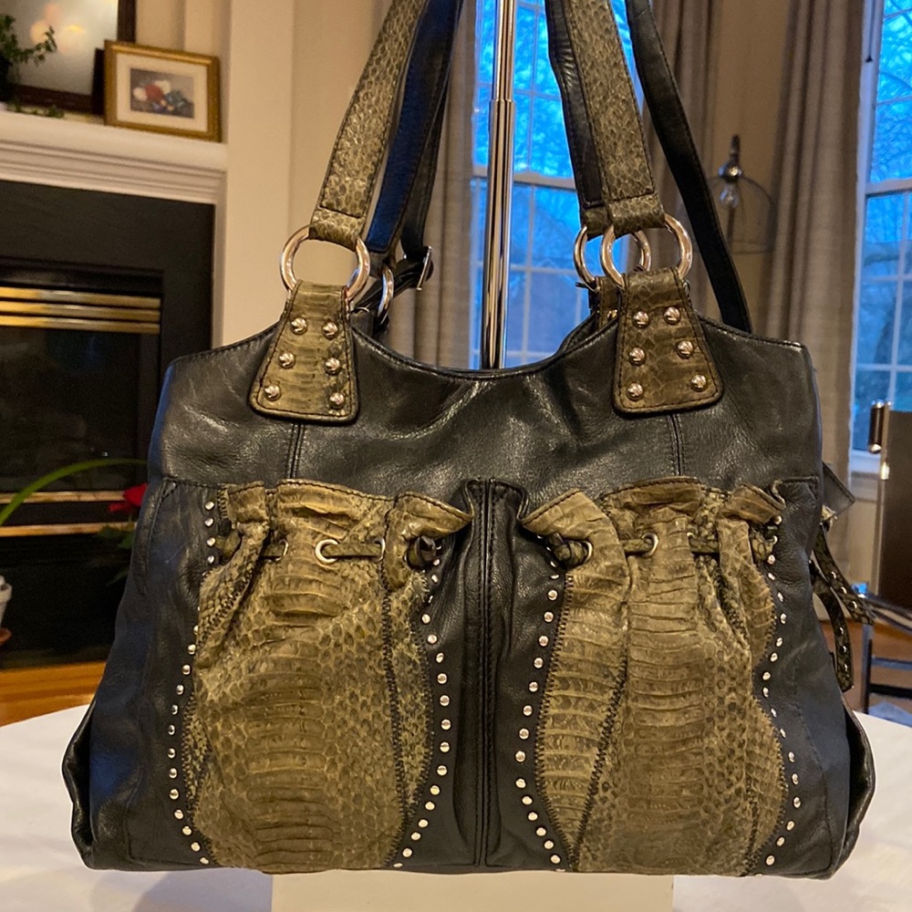 Chi By Falchi, Soft Lambskin Black Leather Studded Purse with Genuine Snake Trim